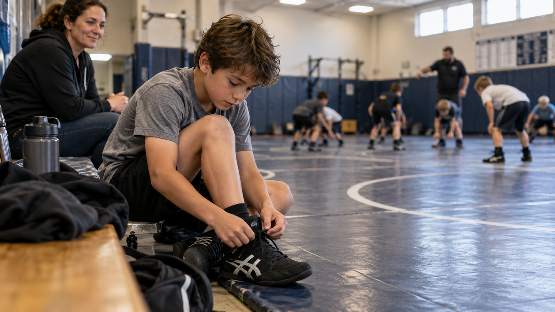 Young beginner tying wrestling shoes while a parent watches practice