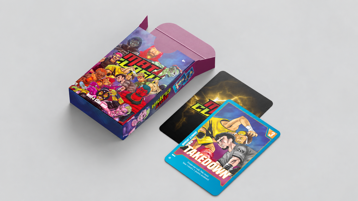 MAT CLASH wrestling card game box and takedown card