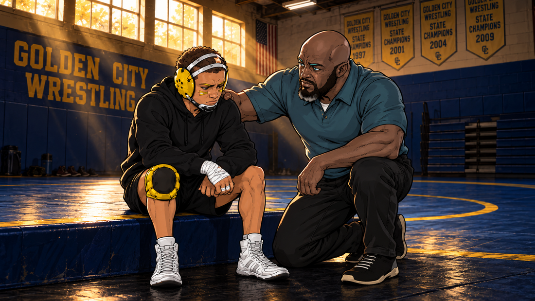 Coach Cutter encouraging JV after a difficult wrestling practice