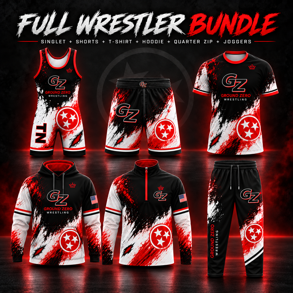 Ground Zero Full Wrestler Bundle with singlet, shorts, T-shirt, hoodie, quarter zip, and joggers