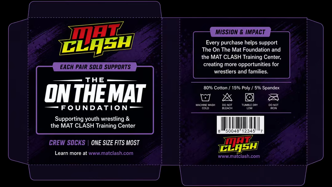 Mat Clash socks packaging, foundation mission, material and care details