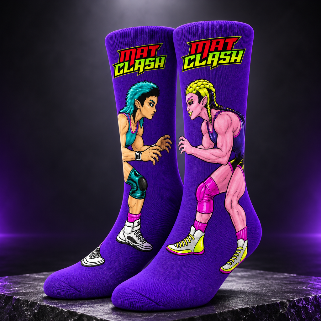 purple Mat Clash crew socks — premium product mockup