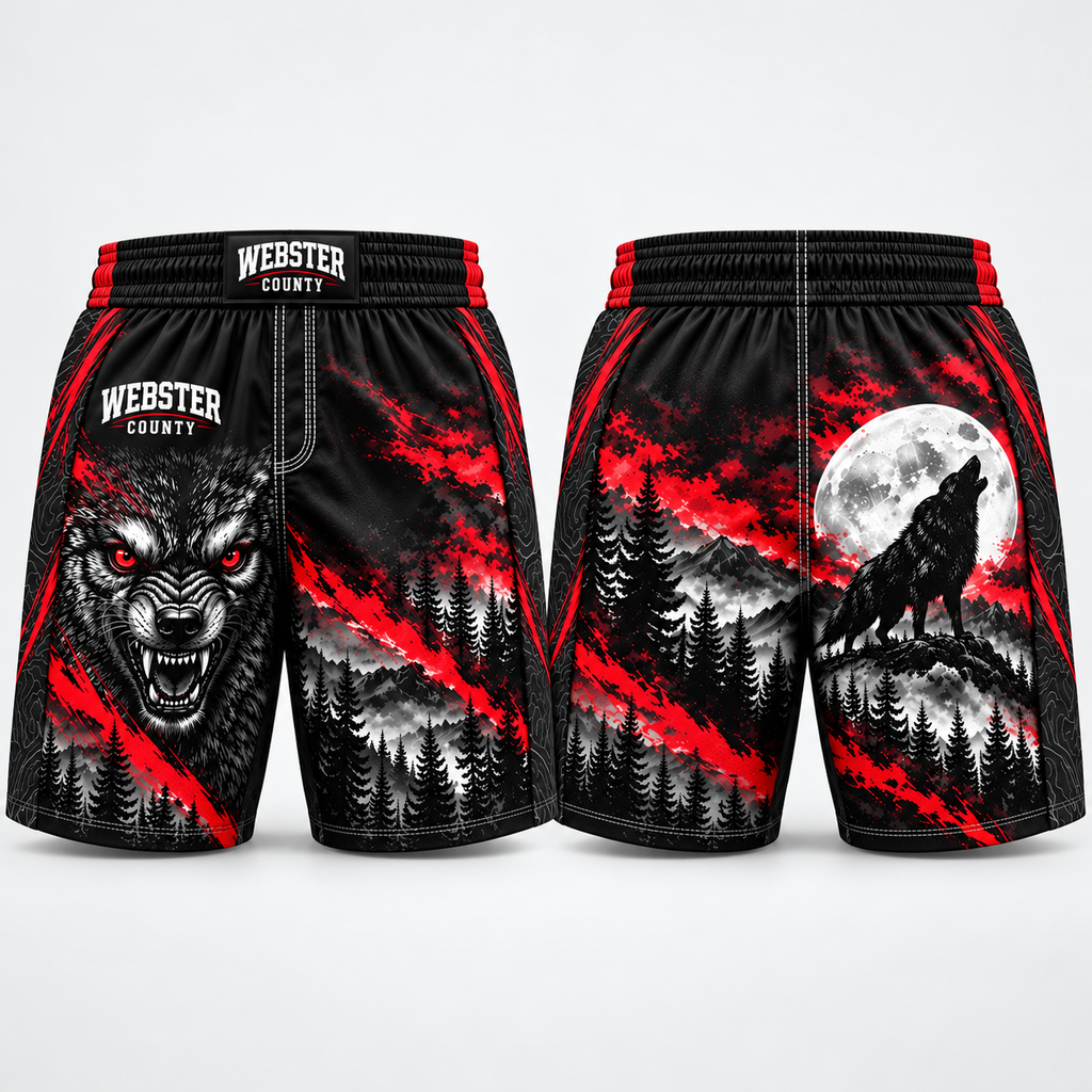 Webster County Wolves shorts front and back — included in Wrestler Essentials Bundle